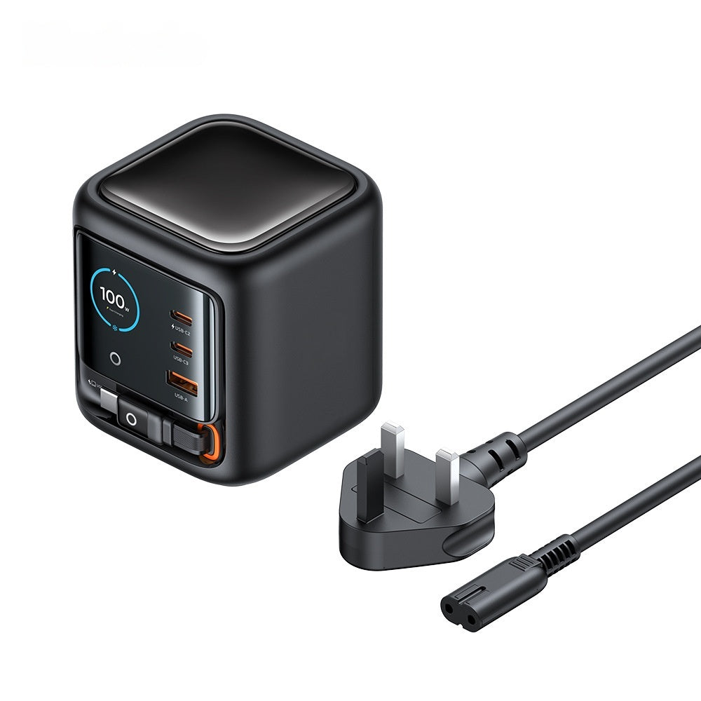 100W GaN Multi-Port Charger with Built-in Retractable Type-C Cable - AI Smart Display UK EU Plug Adapter Fast Charging for Laptop Phone Tablet Travel